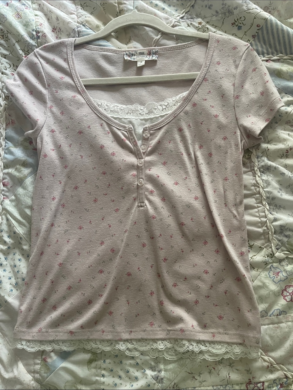 Pink Republic Light Pink Short Sleeve Lace-Trim Floral Henley